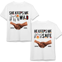 Personalized Couple Hand She Keeps Me Wild He Keeps Me Safe Couple T Shirt 29008 thumb 1