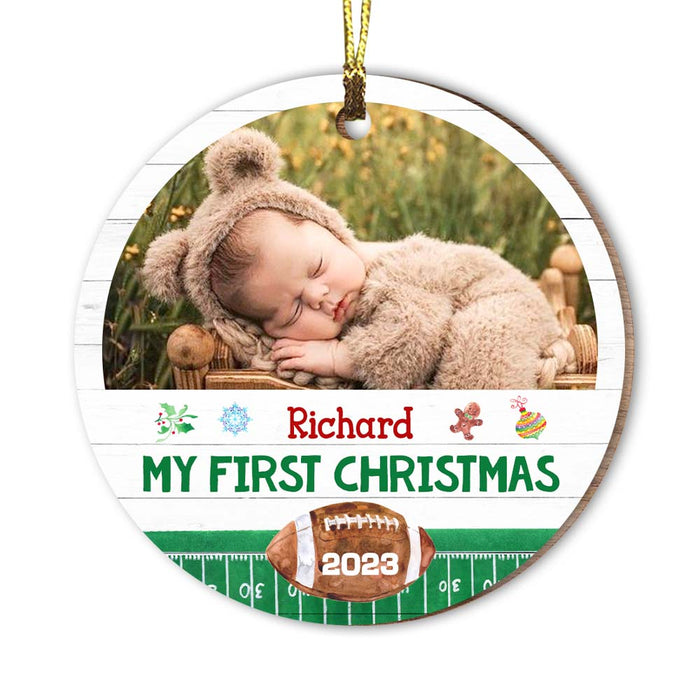 Personalized Gift Baby First Christmas Football Photo Circle Ornament 29081 1