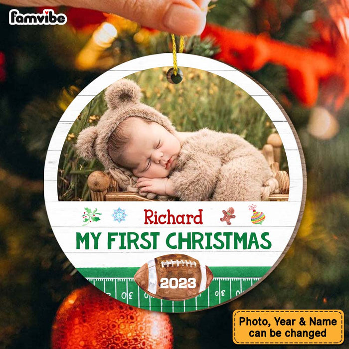 Personalized Gift Baby First Christmas Football Photo Circle Ornament 29081 1