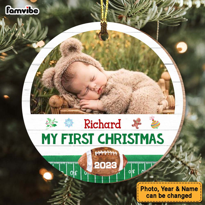 Personalized Gift Baby First Christmas Football Photo Circle Ornament 29081 1