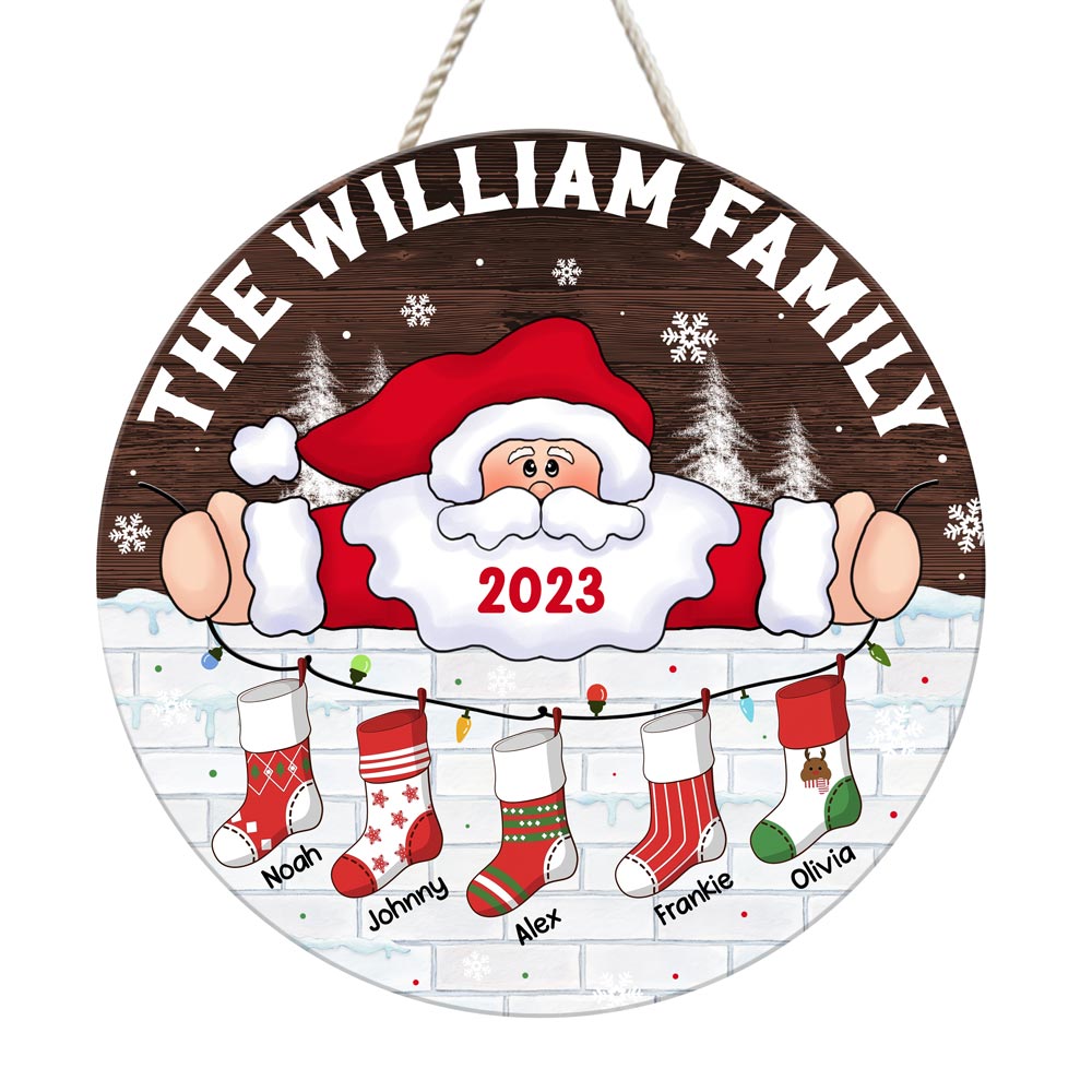 Personalized Hanging Stockings Family Christmas Round Wood Sign 29114 Primary Mockup