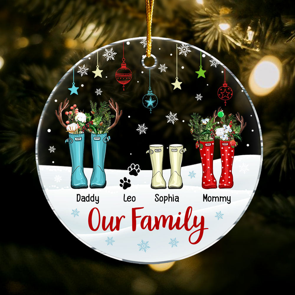 Personalized Family Christmas Wellington Boots Acrylic Circle Ornament 29144 Primary Mockup