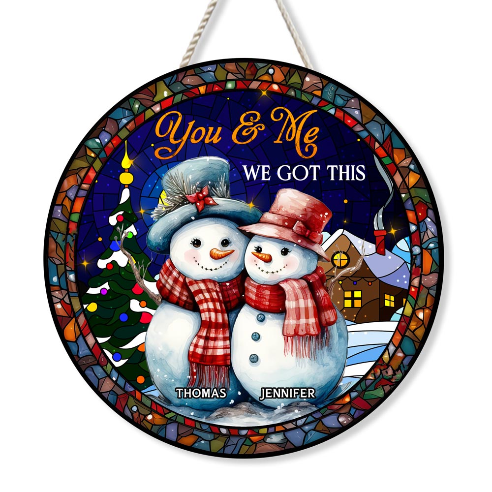 Personalized Snowman You And Me We Got This Couple Round Wood Sign 29310 Primary Mockup