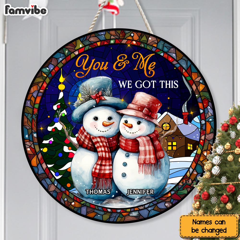 Personalized Snowman You And Me We Got This Couple Round Wood Sign 29310 Primary Mockup