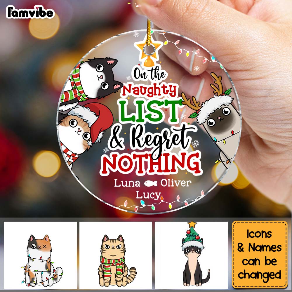 Personalized On The Naughty List And Regret Nothing Cat Circle Ornament 29437 Primary Mockup