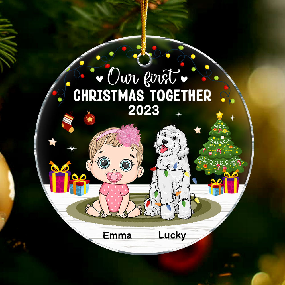 Personalized Christmas Gift Our First Christmas Together Baby And Dog Circle Ornament 29686 Primary Mockup
