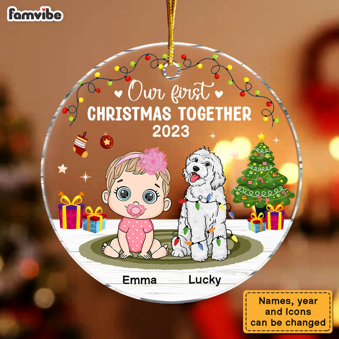 Personalized Christmas Gift Our First Christmas Together Baby And Dog Circle Ornament 29686 1