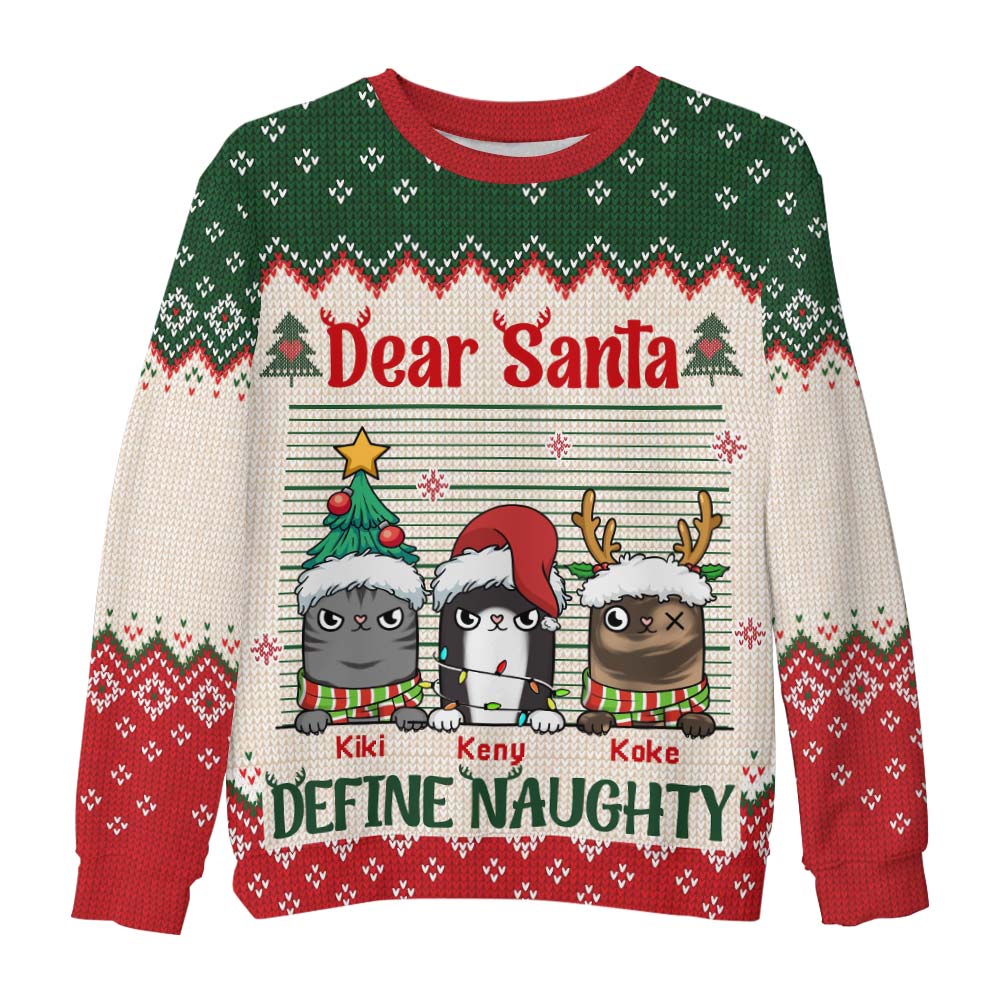 Personalized Gift For Cat Lovers Santa Define Naughty Ugly Sweater 29945 Primary Mockup