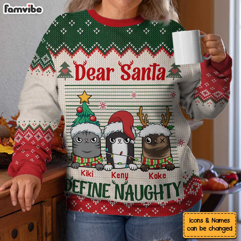 Personalized Gift For Cat Lovers Santa Define Naughty Ugly Sweater 29945 Primary Mockup