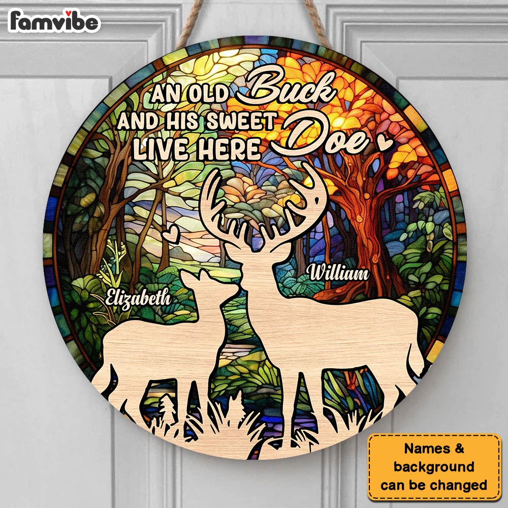 Personalized An Old Buck And His Sweet Doe Live Here Round Wood Sign 30049 Primary Mockup