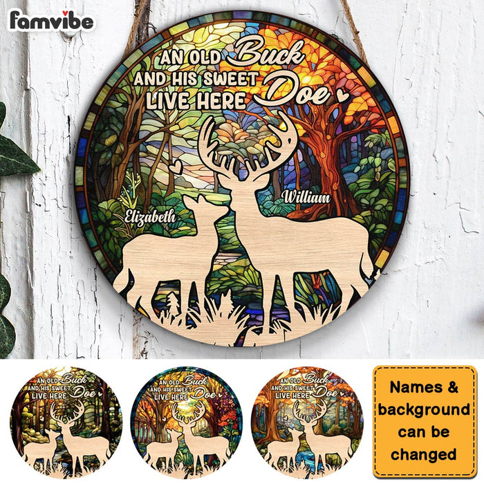 Personalized An Old Buck And His Sweet Doe Live Here Round Wood Sign 30049 1