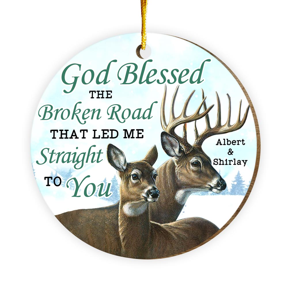 Personalized Couple Deer Gift God Blessed The Broken Road Circle Ornament 30050 Primary Mockup