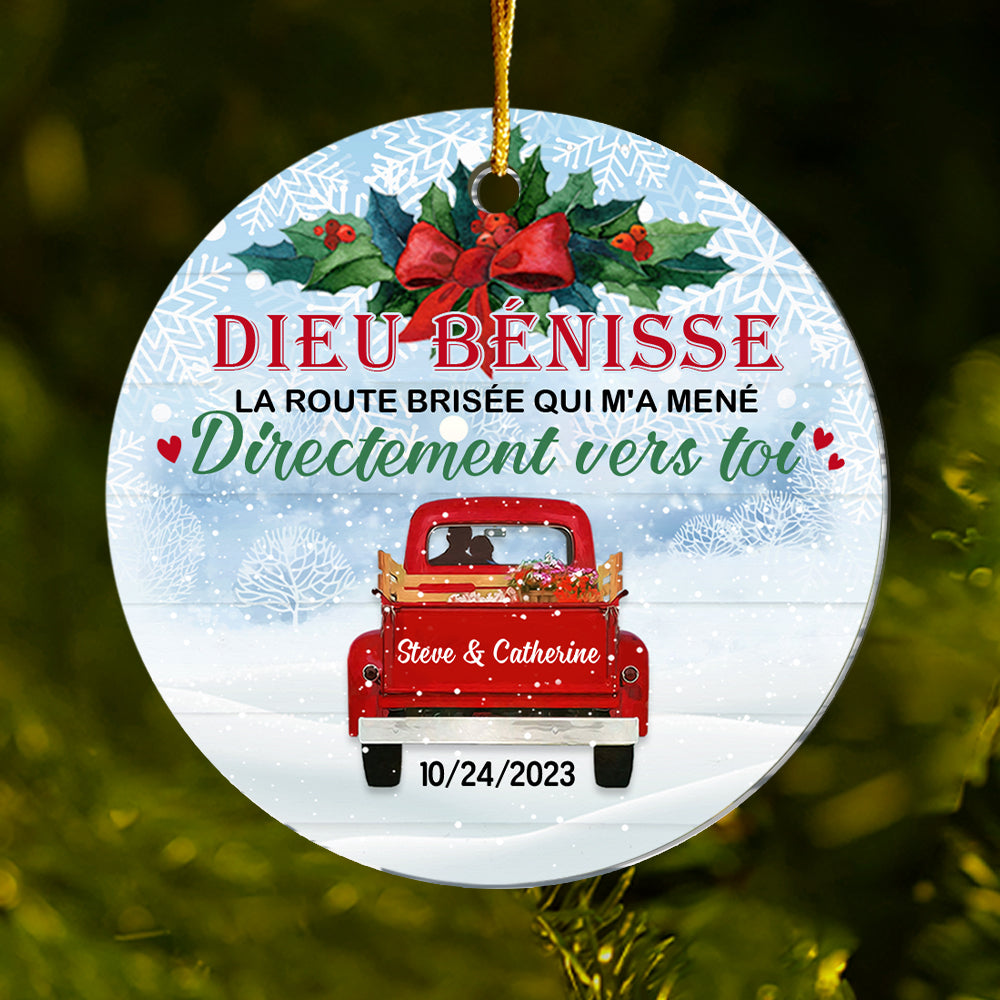 Personalized French Love Couple Red Truck Christmas Circle Ornament 30245 Primary Mockup