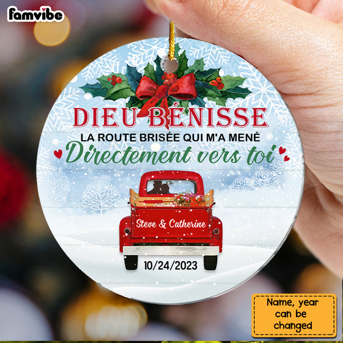 Personalized French Love Couple Red Truck Christmas Circle Ornament 30245 1