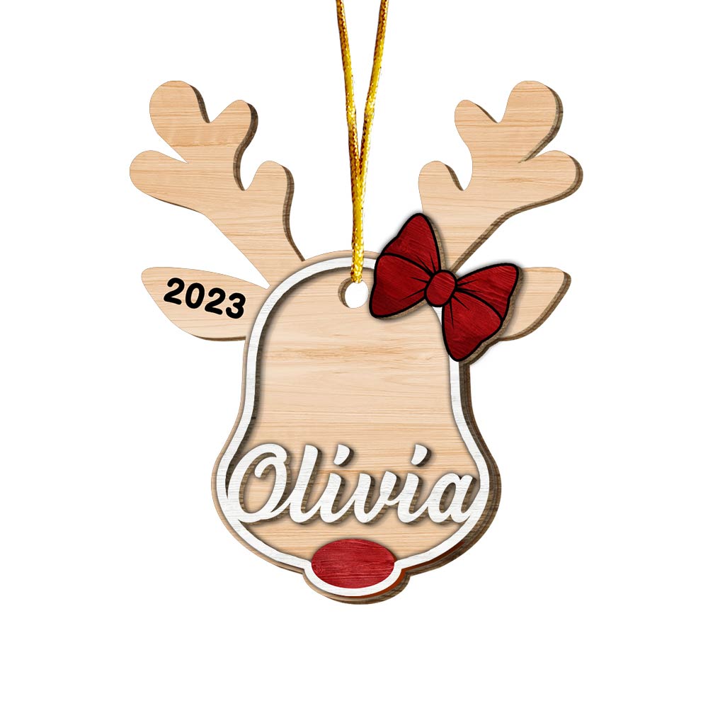 Personalized Christmas Reindeer Custom Name 2 Layered Wood Ornament 30369 Primary Mockup