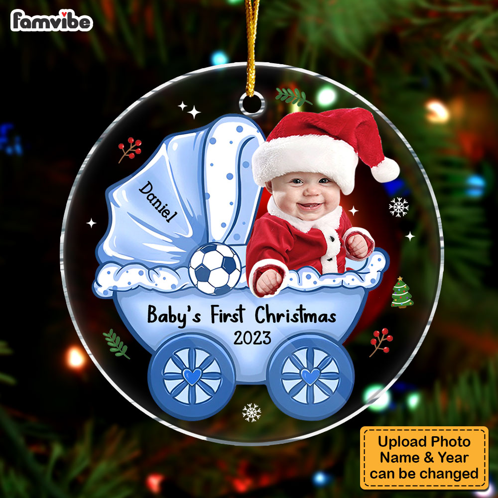 Personalized Photo Baby's First Christmas Baby Carriage Circle Ornament 30370 Primary Mockup
