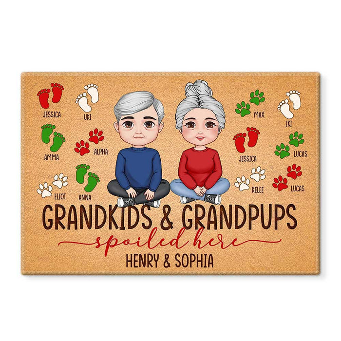 Personalized Gift For Grandparents Grandkids Grandpups Spoiled Here Doormat 30560 1