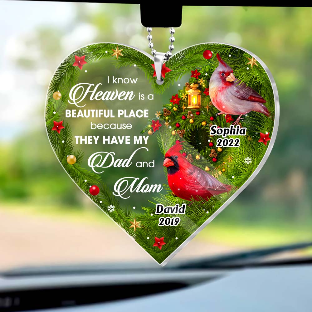 Personalized Gift Heaven Is A Beautiful Place Loss Of Mom Dad Memorial Transparent Acrylic Car Ornament 31597 Primary Mockup