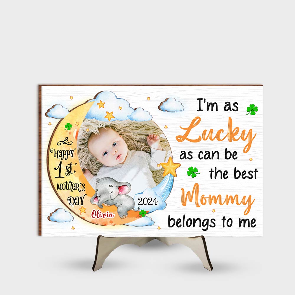 Personalized First Mother's Day Gift I'm As Lucky As Can Be Baby Photo 2 Layered Separate Wooden Plaque 31935 Primary Mockup