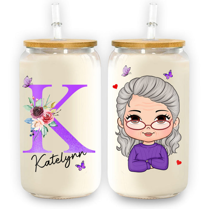 Personalized Gift For Mom Grandma Floral Initial Name Glass Can 32195 1