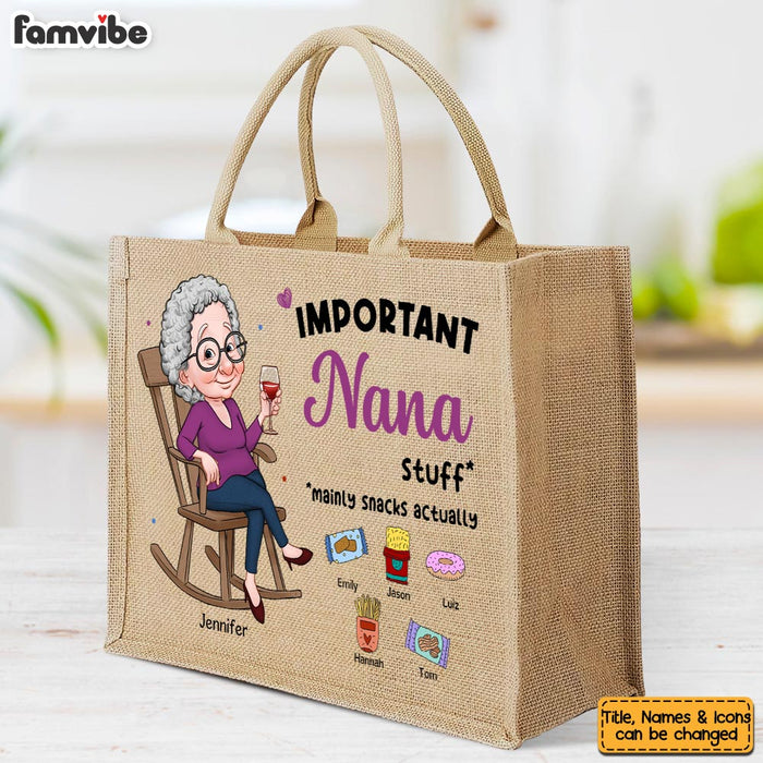 Personalized Gift For Grandma Important Stuff Linen Jute Shopping Bag 32422 1