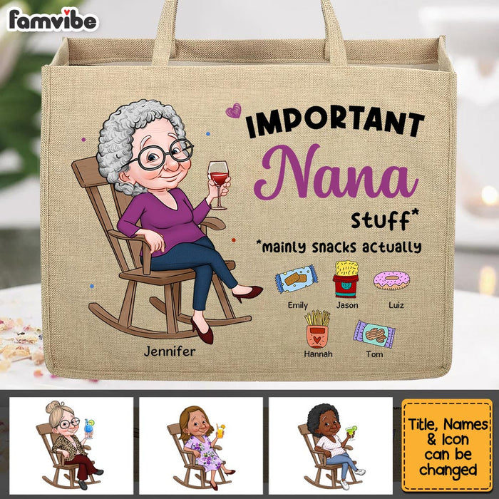 Personalized Gift For Grandma Important Stuff Linen Jute Shopping Bag 32422 1