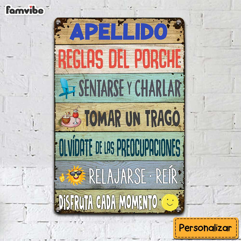Personalized Family Porch Rule Spanish Metal Sign DB312 81O36