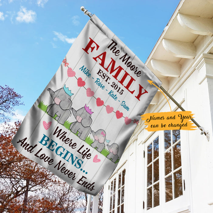 Personalized Elephant Family Life Begins Flag AG212 65O47 1