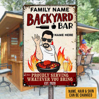 Personalized Backyard Bar Man Proudly Serving Metal Sign JL93 25O58 thumb 1
