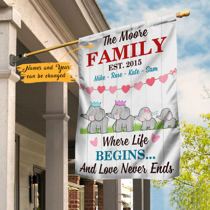 Personalized Elephant Family Life Begins Flag AG212 65O47 1