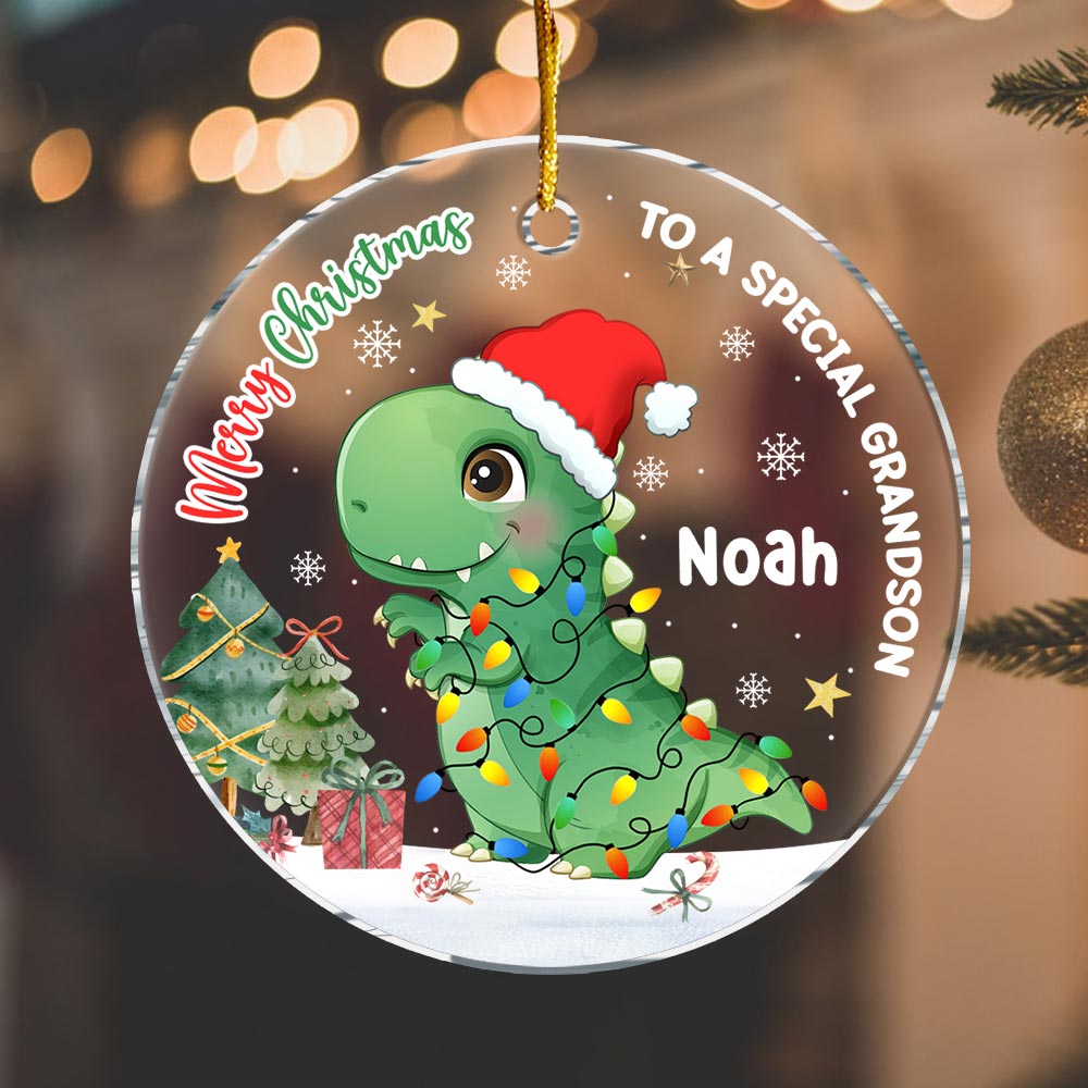 Personalized Christmas Gift For Grandson Dinosaur Merry Christmas Circle Ornament 30378 Primary Mockup
