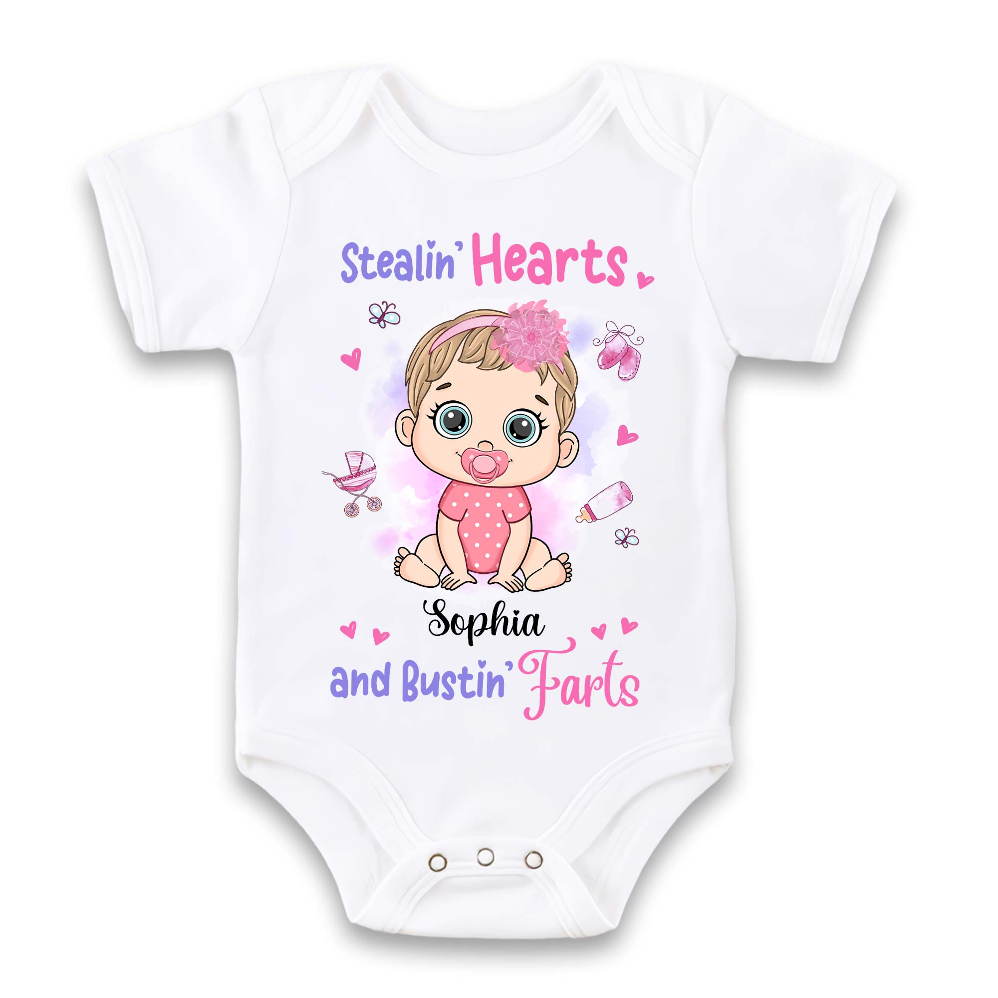 Personalized Gift For Baby First Stealin' Hearts and Bustin' Farts Baby Onesie 31287 Primary Mockup