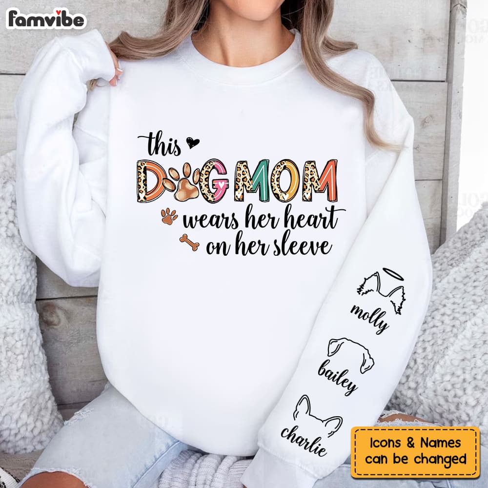 Personalized Gift For Dog Mom Wears Her Heart Unisex Sleeve Printed Standard Sweatshirt 31661 Primary Mockup