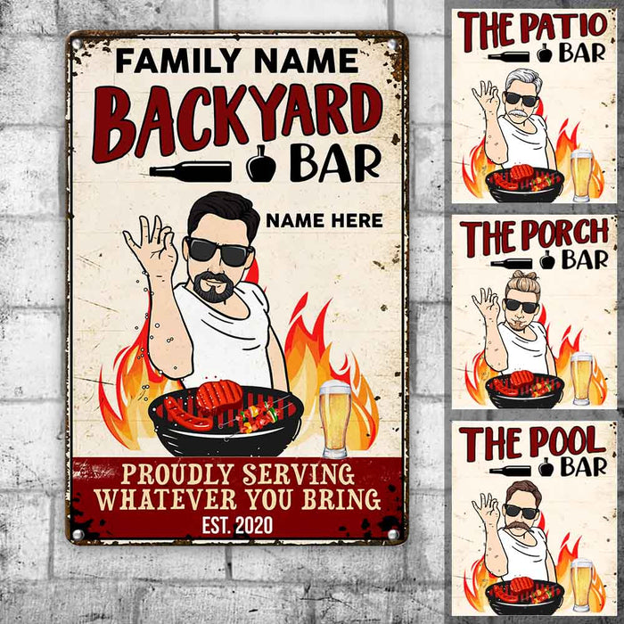 Personalized Backyard Bar Man Proudly Serving Metal Sign JL93 25O58 1