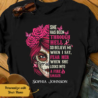 Personalized Skull Girl Breast Cancer She Has Been Through Hell T Shirt AG261 73O58 thumb 1