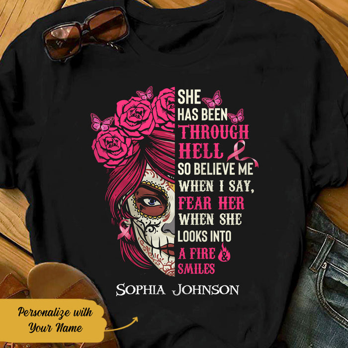 Personalized Skull Girl Breast Cancer She Has Been Through Hell T Shirt AG261 73O58 1