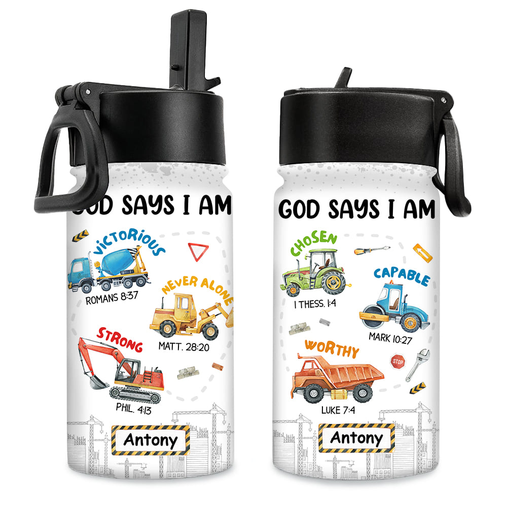 Personalized Gifts For Grandson Construction Machines I Am Kids Water Bottle 31433 Primary Mockup