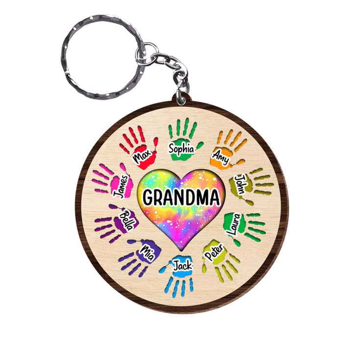 Personalized Grandma Heart Colorful Hands Wood Keychain 22707 1
