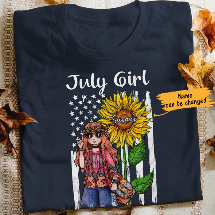 Personalized Hippie Girl And Sunflower America Flag T Shirt JN191 30O65 1