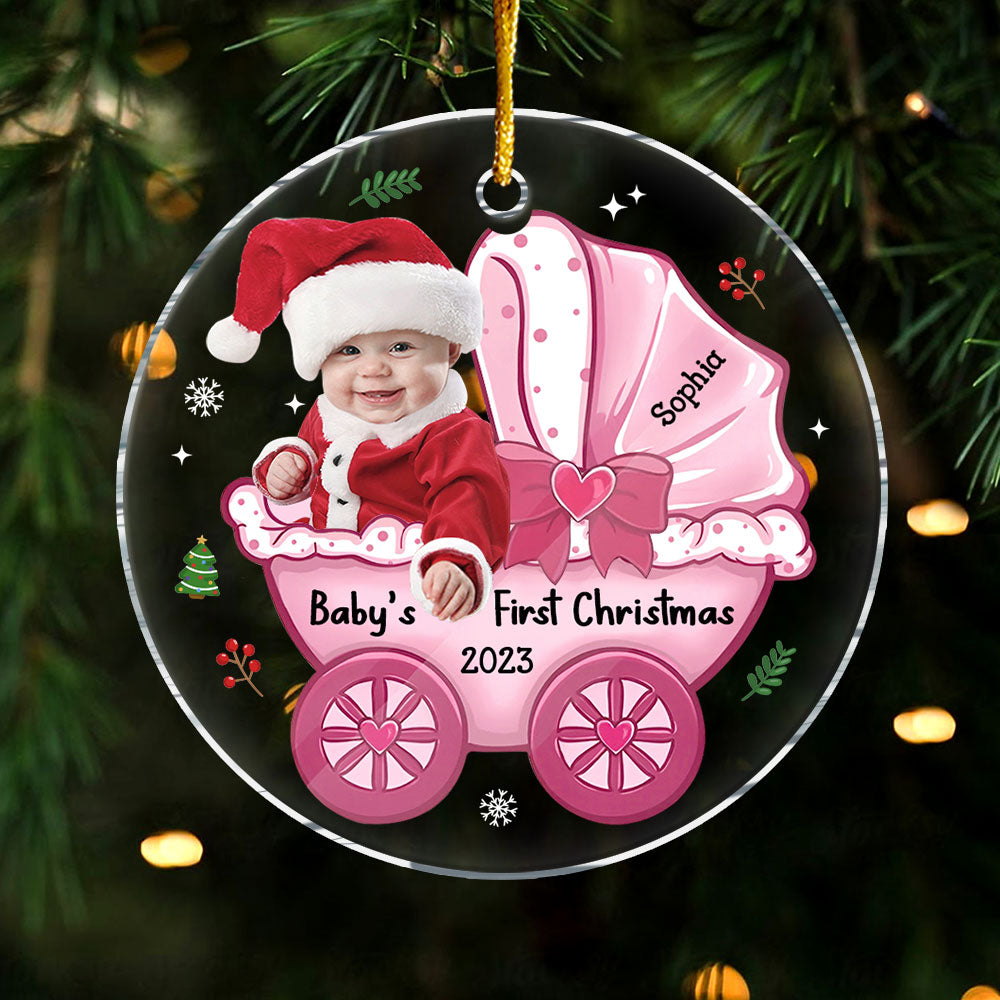 Personalized Photo Baby's First Christmas Baby Carriage Circle Ornament 30314 Primary Mockup