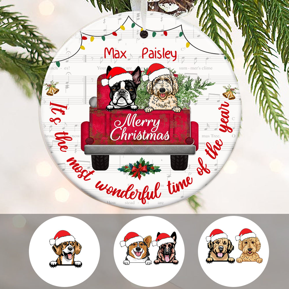 Personalized Dog  Red Truck Christmas The Most Wonderful Time  Ornament OB22 87O34