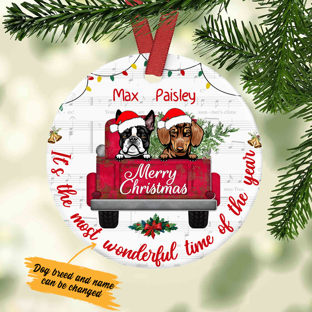 Personalized Dog  Red Truck Christmas The Most Wonderful Time  Ornament OB22 87O34