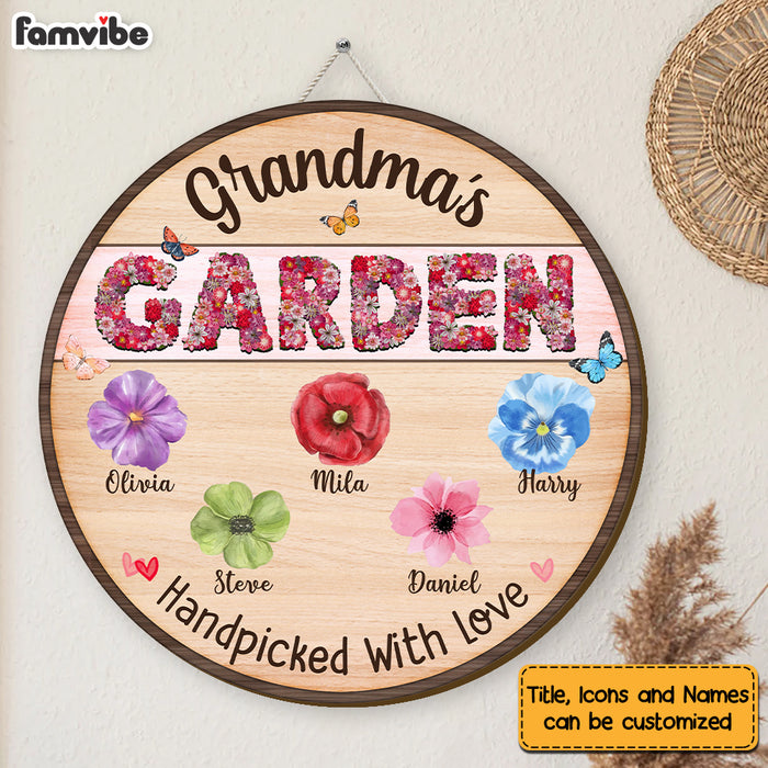 Personalized Grandma's Garden Flowers Round Wood Sign 25334 1