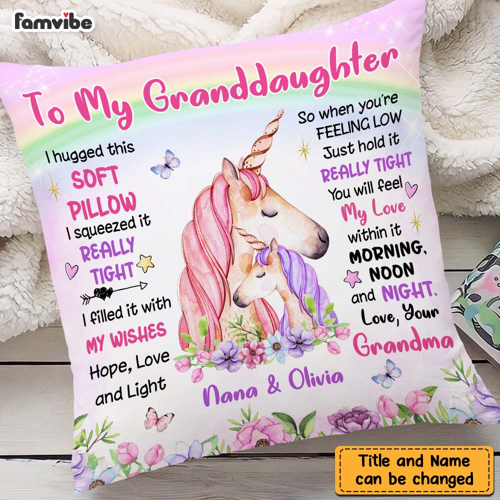 Personalized To Granddaughter From Grandma Unicorn Hug This Pillow 22690 Primary Mockup