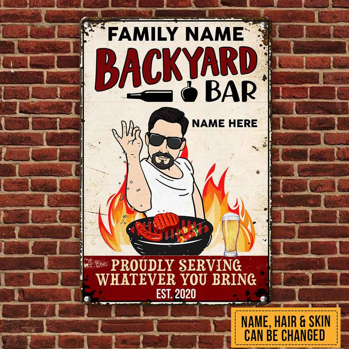 Personalized Backyard Bar Man Proudly Serving Metal Sign JL93 25O58 1