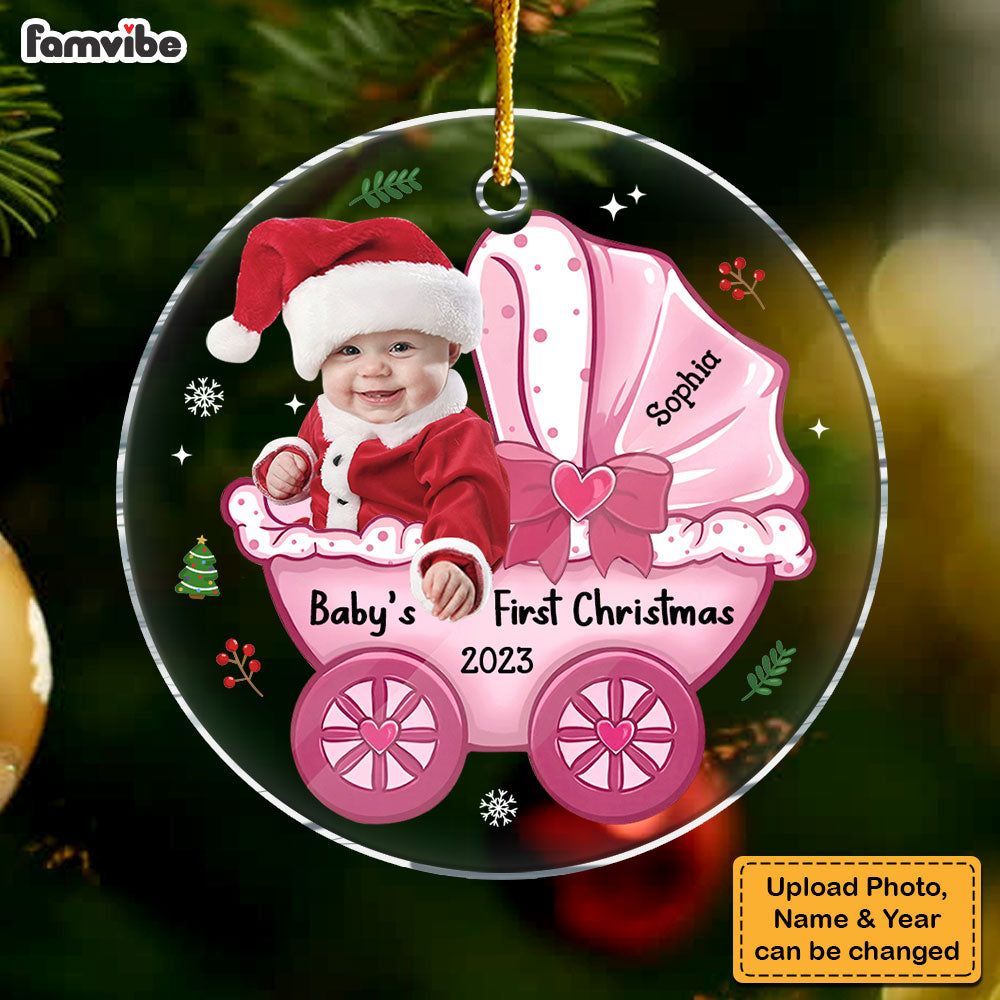 Personalized Photo Baby's First Christmas Baby Carriage Circle Ornament 30314 Primary Mockup