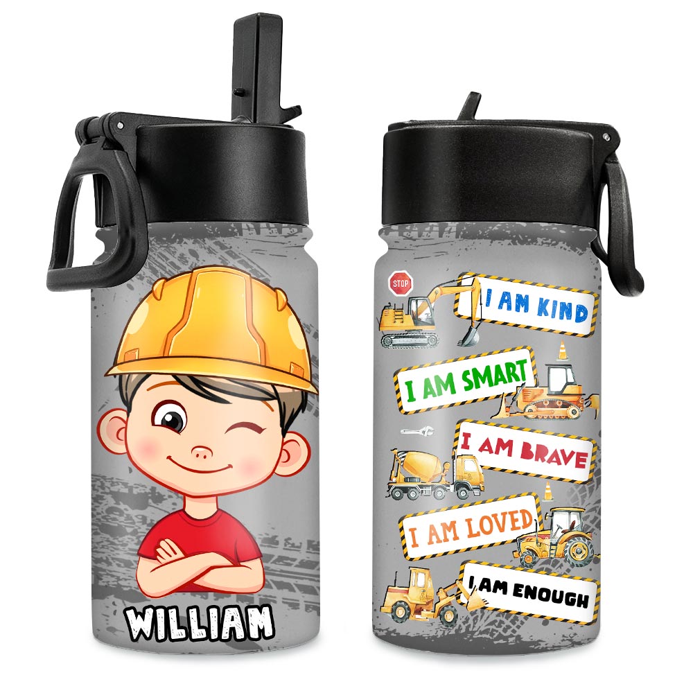 Personalized Inspiring Gift For Grandson I Am Kind Construction Theme Kids Water Bottle 31259 Primary Mockup