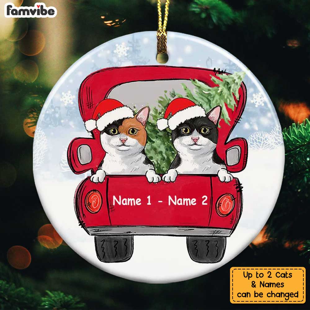Personalized Cat Red Truck Christmas Circle Ornament OB202 81O34