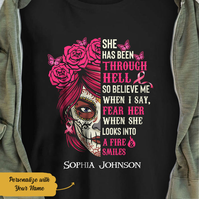 Personalized Skull Girl Breast Cancer She Has Been Through Hell T Shirt AG261 73O58 1