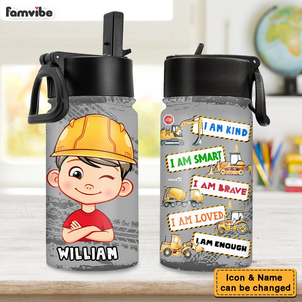 Personalized Inspiring Gift For Grandson I Am Kind Construction Theme Kids Water Bottle 31259 Primary Mockup